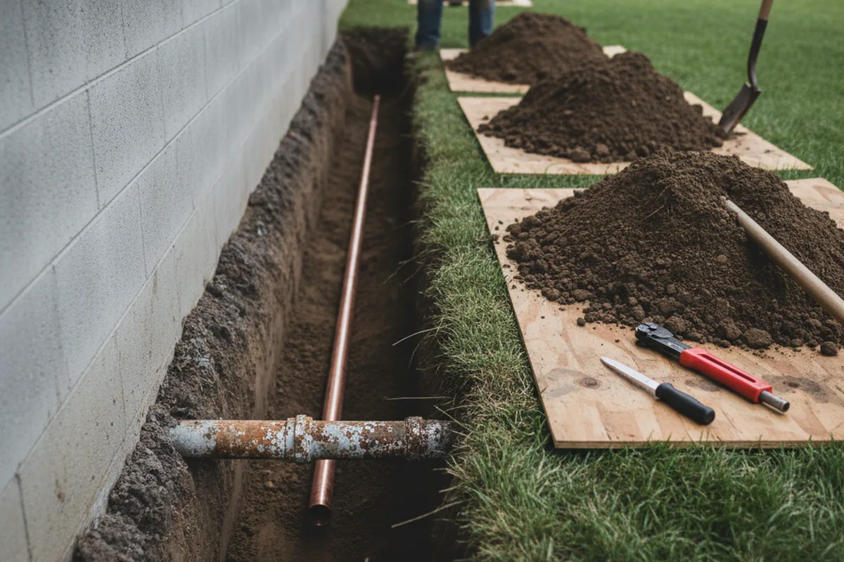 Excavated water line trench during Water Softener Installation in Hurricane
